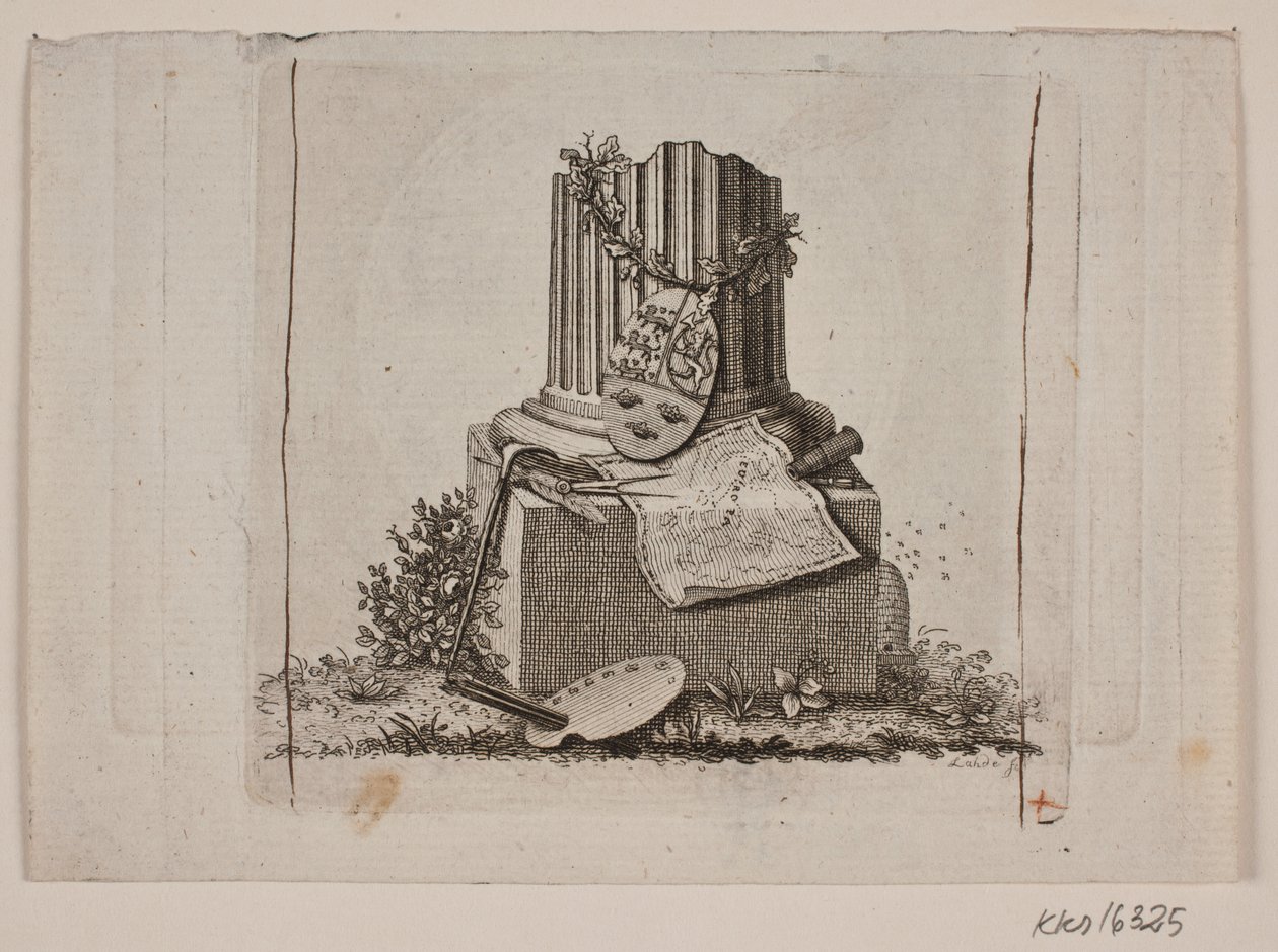 Vinheta com coluna quebrada e os braços dos três reinos nórdicos de Gerhard Ludvig Lahde