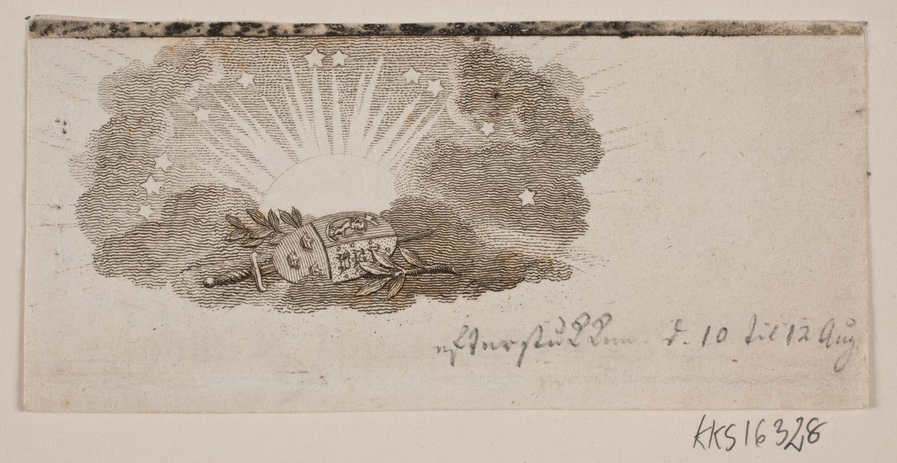 A vinheta com os braços dos três reinos nórdicos nas nuvens em frente ao sol de Gerhard Ludvig Lahde