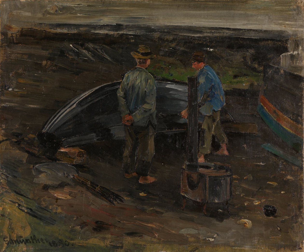 Rapazes a alcatroar um barco, Nevlunghavn de Gerhard Munthe