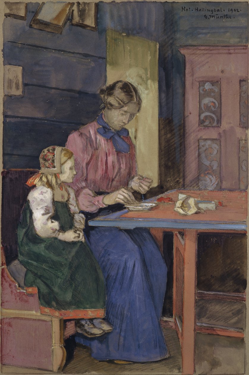 Moça de Hallingdal aprendendo a enfiar pérolas de Gerhard Peter Frantz Vilhelm Munthe