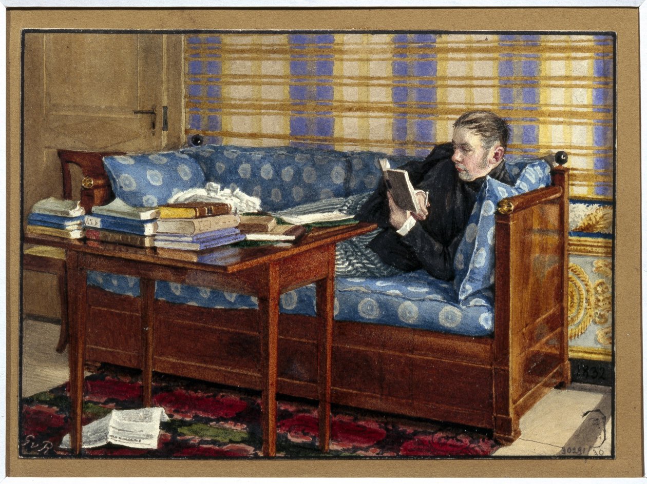 Retrato do poeta Vasili Zoukovsky (1783-1852). (Retrato do Poeta Vasily Zhukovsky). Deitado em um sofá, ele lê, à sua frente, pilhas de livros sobre uma mesa. Obra de Gerhard Wilhelm von Reutern (1794-1865), lápis e aquarela sobre papel de Gerhard Wilhelm von Reutern