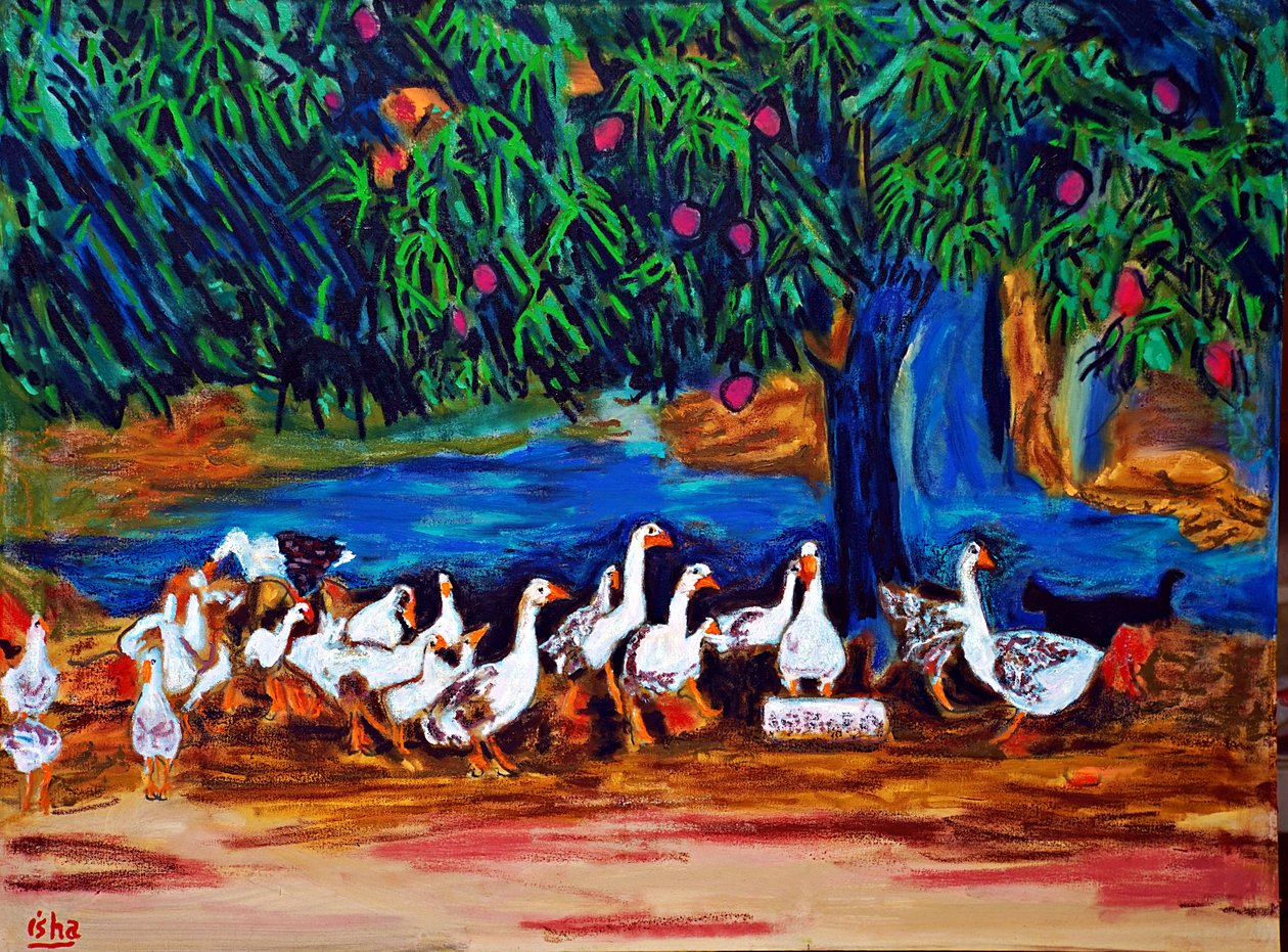 Gansos e mangueira, 2019 (óleo sobre tela) de Gerhardt Isringhaus