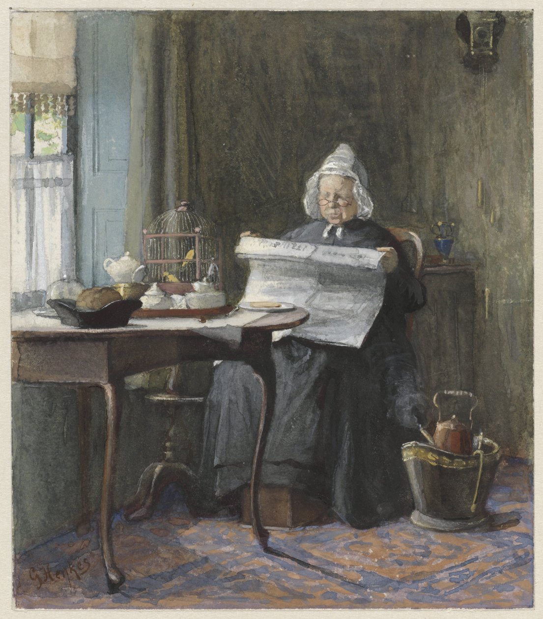 Interior com uma mulher lendo o jornal de Gerke Henkes