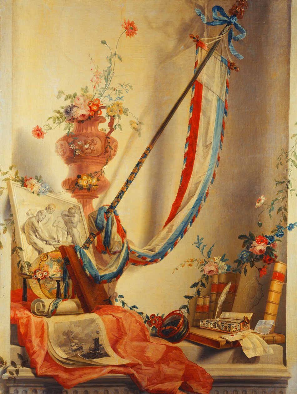 Uma faixa, flores em uma urna, um relevo, um globo, uma gravura, uma bússola, um conjunto de escrita, cartas e o Atlas de Blaeu em um nicho de Gerke Jans de Jager