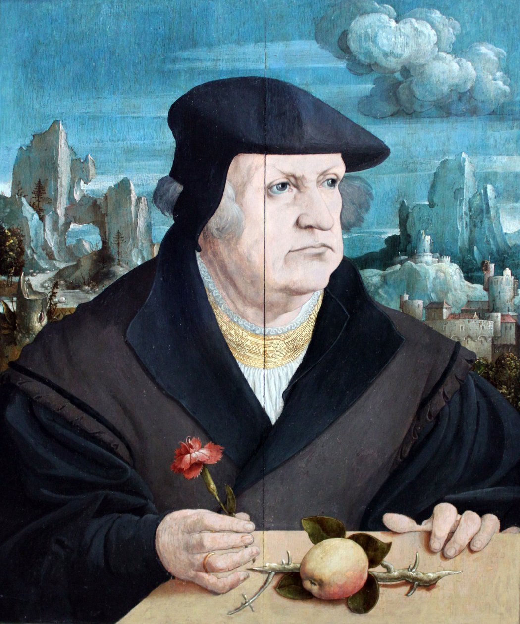 Retrato, de, um, homem, antes de, um, paisagem, segurando, um, cravo de Gerlach Flicke