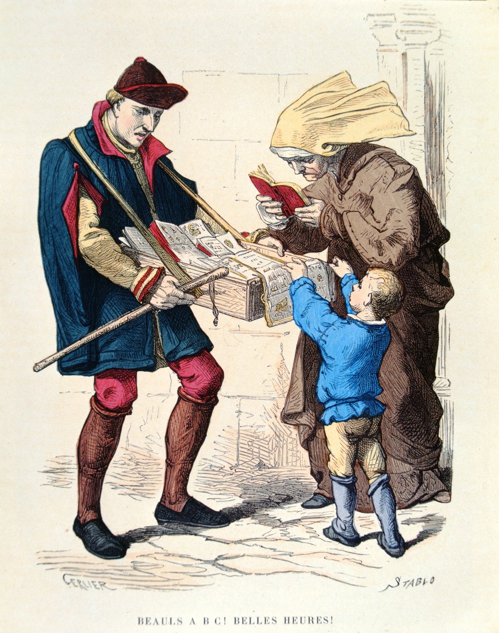 Vendedor de livros no século XV, de &39;Trajes de Paris, um Travers les Siecles&39; publicado de 1887 (gravura a cores) de Gerlier