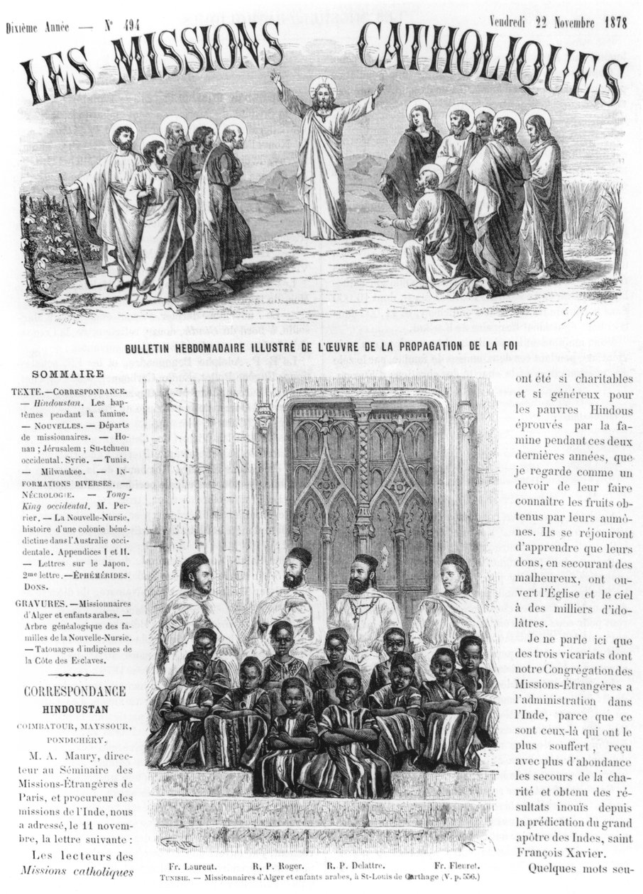 Missionários de Argel e crianças árabes em St. Louis de Cartago na Tunísia, ilustração de &39;Les Missions Catholiques&39;, 22 de novembro de 1878 de Gerlier