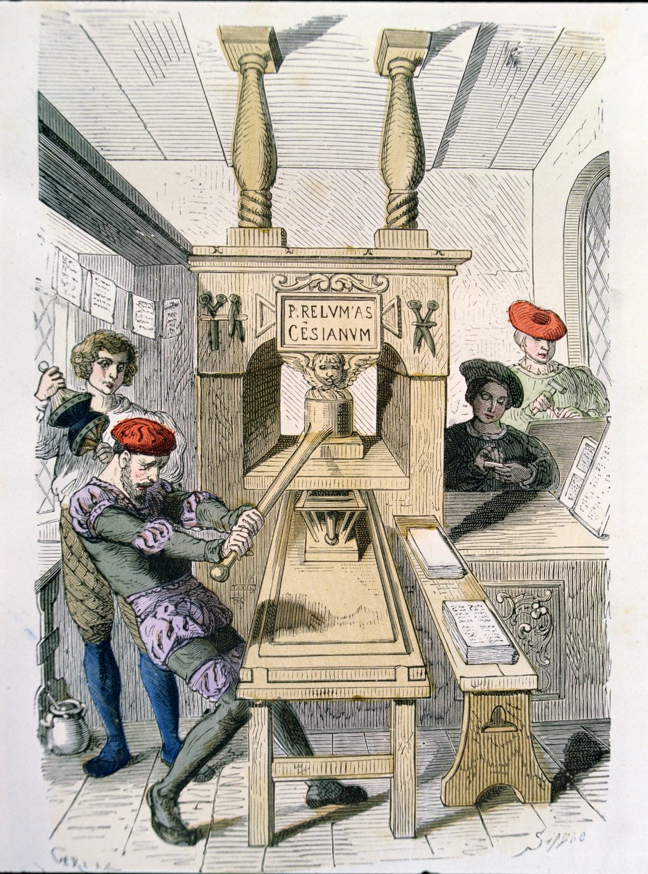 Impressoras parisienses no século XV (gravura a cores) de Gerlier