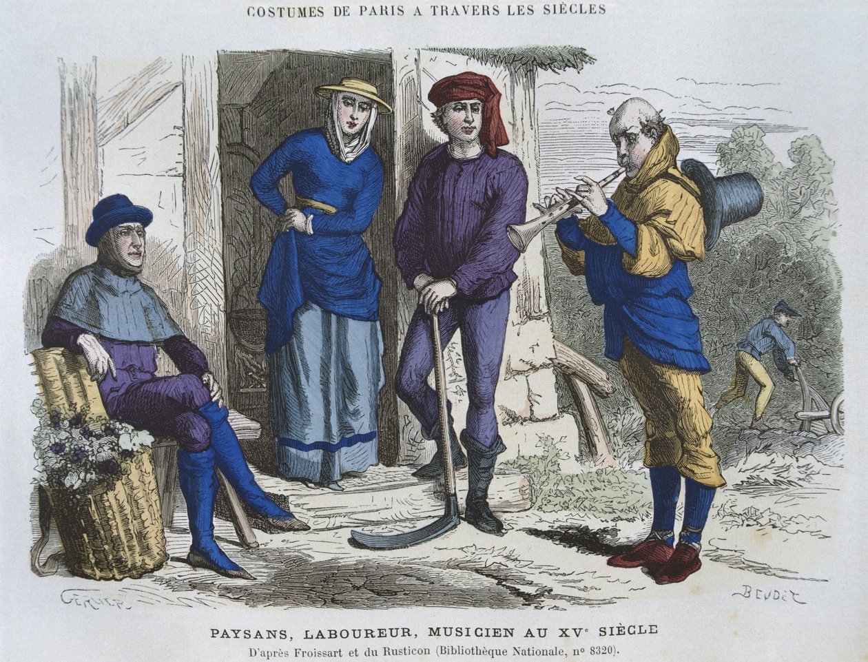 Camponês, lavrador, músico no século XV, depois de "Crônicas" de Froissard, de "Costumes of Paris to the Siecles" ed. Roy, publicado em 1887 de Gerlier