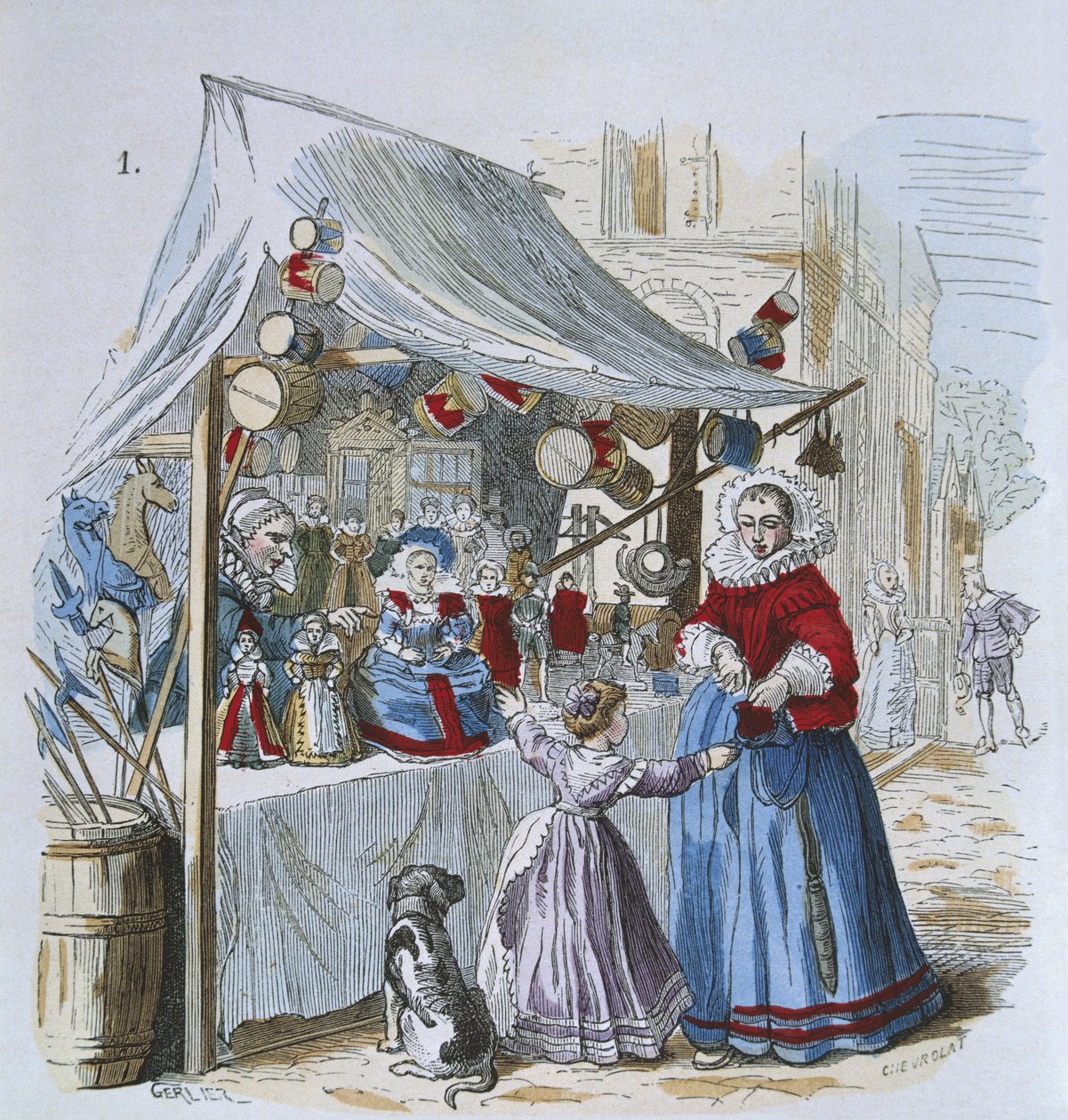 Vendedor de brinquedos no século XVI, a partir de "trajes de Paris a les les siecles" (gravura a cores) de Gerlier