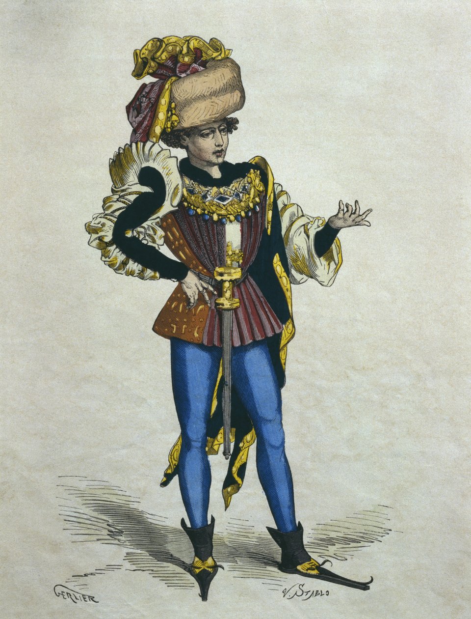 Homem jovem e elegante em 1480, ilustração de &39;Trajes de Paris a les les siecles&39; por H. Gourdon de Genouillac, gravada por Stablo (século XIX) (gravura a cores) de Gerlier