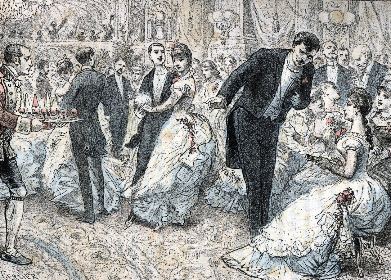 Societe et mondanites: le bal vers 1880 (Alta sociedade e vida social: a bola) gravada de "Les besoins de la vie" de Rengade de Gerlier Gerlier