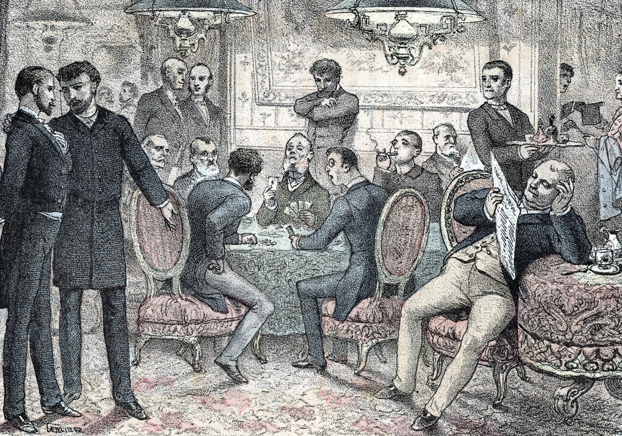 Sociedade e vida social: clube masculino de jogos e gravura de jogo de "Les besoins de la vie" de Rengade de Gerlier Gerlier