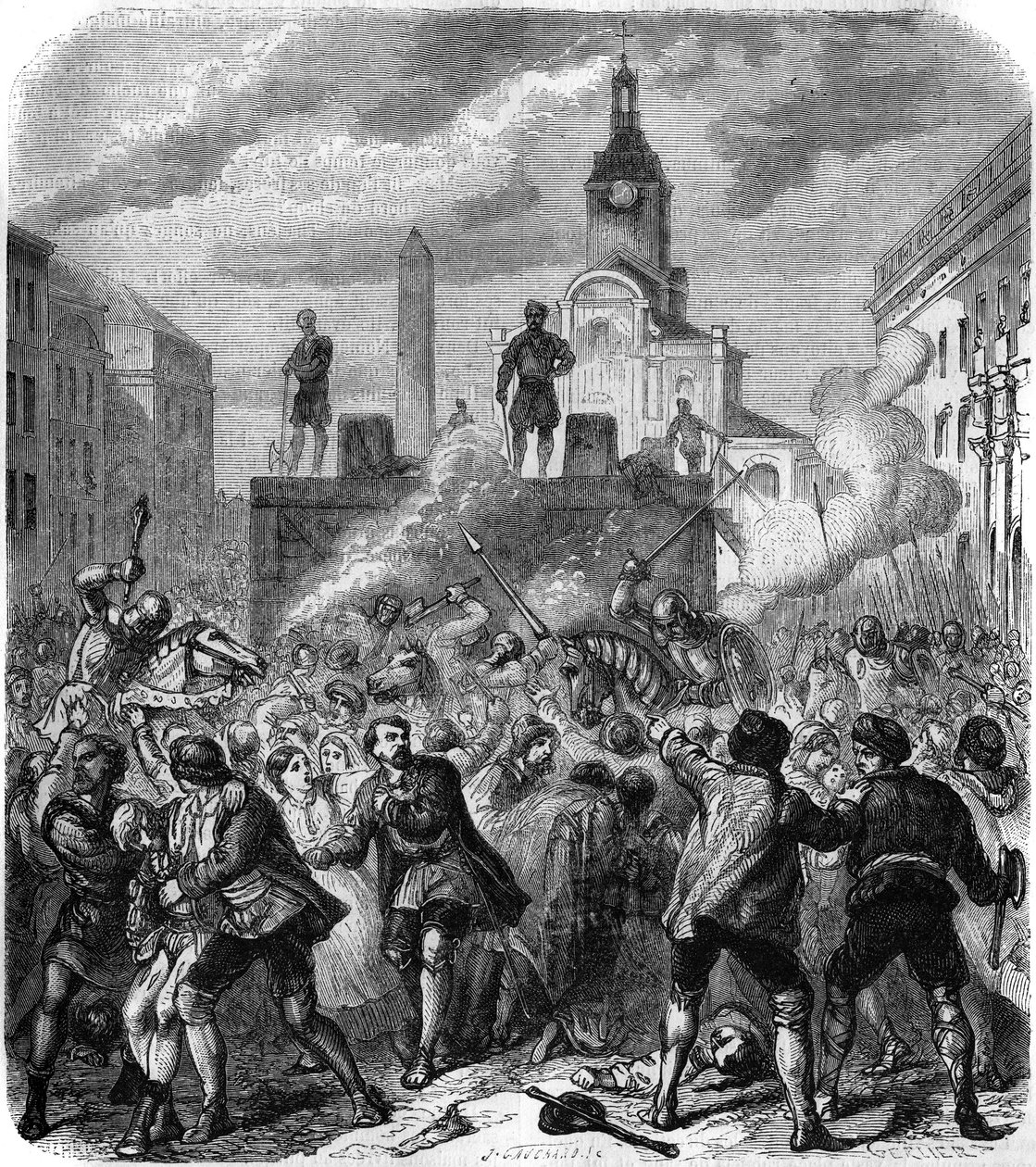 Derrame de sangue em Estocolmo, massacres de líderes da resistência nacional sueca ordenados pelo rei Christian II da Dinamarca, 8 de Novembro de 1520: o exército tenta acalmar a raiva da população, forçado a assistir às execuções. Gravura de Gerlier de Gerlier Gerlier