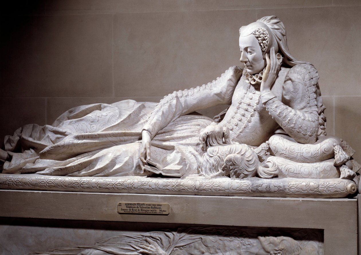 Monumento funerário: Túmulo de Jeanne Valentine Balbiani (1518-1572), esposa do Cardeal René de Birague (1506-1583), Chanceler de França. Escultura em mármore de Germain Pilon (1535 - 1590), cerca de 1573. Paris, Musee Du Louvre de Germain Pilon