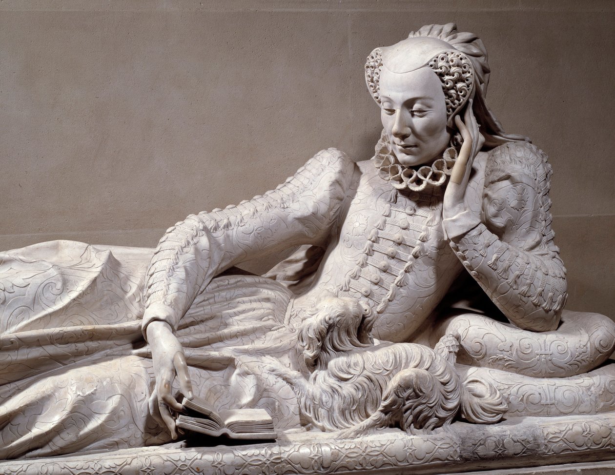 Monumento funerário: Túmulo de Jeanne Valentine Balbiani (1518-1572), esposa do Cardeal René de Birague (1506-1583), Chanceler de França. Detalhe. Escultura em mármore de Germain Pilon (1535 - 1590), cerca de 1573. Paris, Musee Du Louvre de Germain Pilon