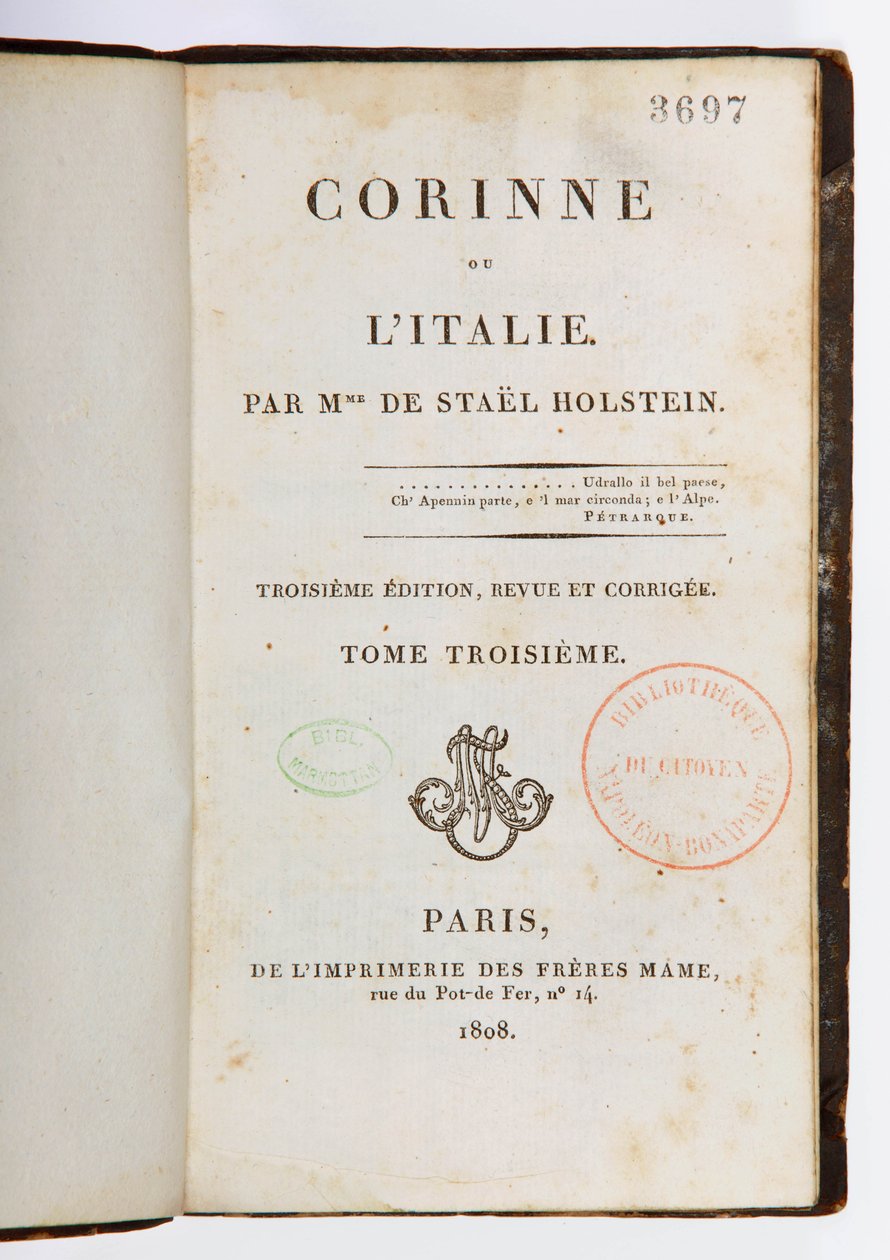 Página de rosto de Corinne ou lItalie, 3ª edição revista e ampliada, 3ª volume, Imprimerie des Freres Mame, Paris, 1808 (impresso) de Germaine de Stael
