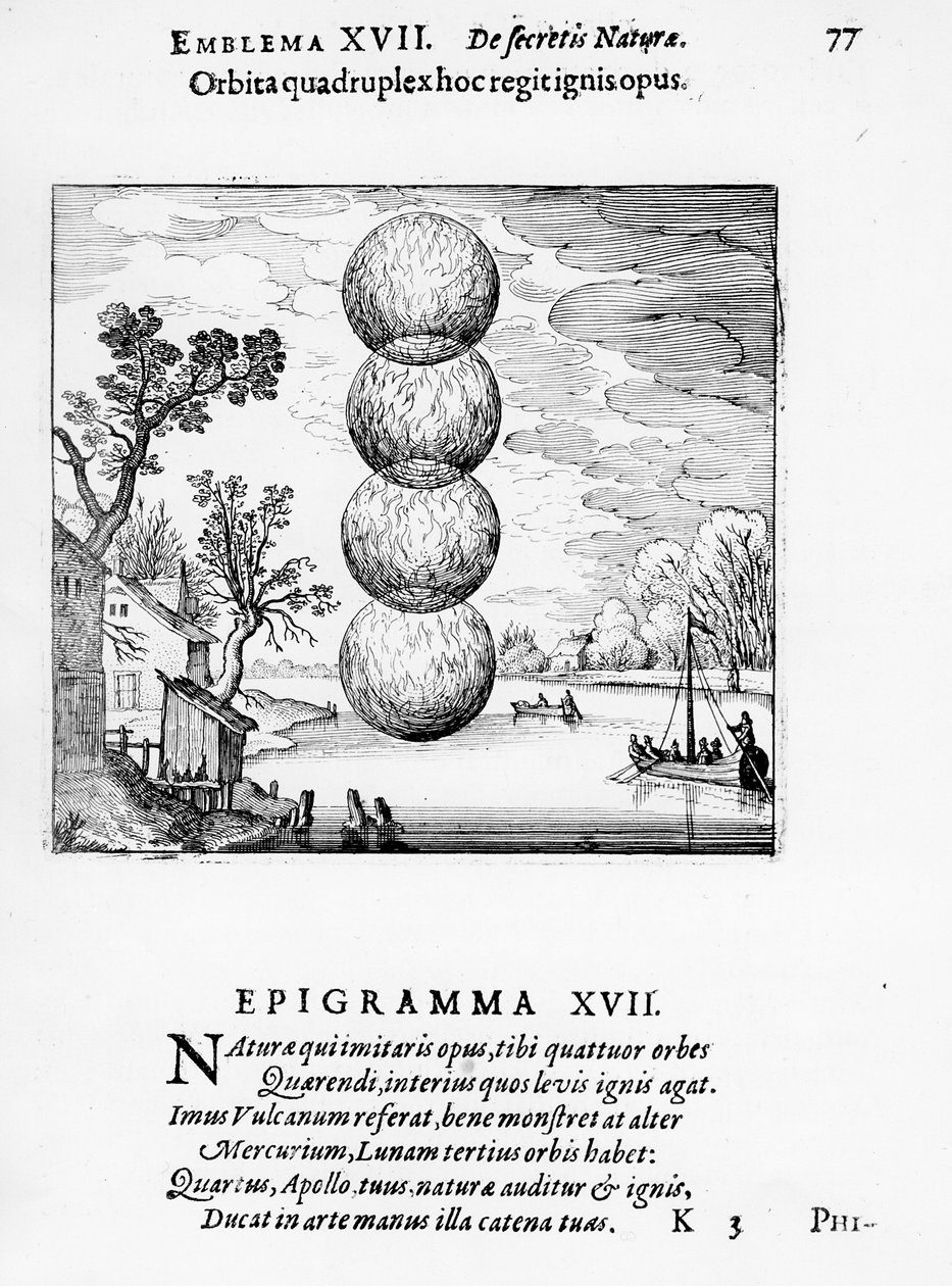 "Uma roda quádrupla domina essa obra de fogo", Emblema XVII de "Atlanta Fugiens", de Michael Maier, 1617 de German School