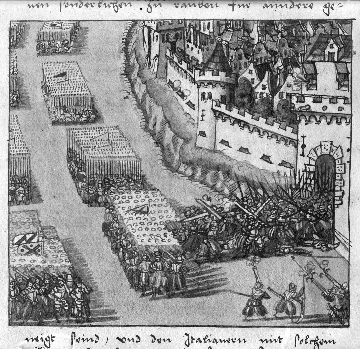 Assalto de dois exércitos, ilustração de L&39;Art de l&39;Artillerie por Wolff de Senftenberg, final do século XVI (lápis e wc no papel) de German School