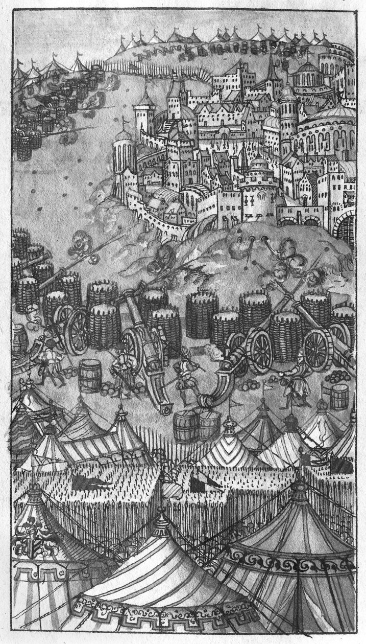 Ataque em uma cidade fortificada, ilustração de &39;L&39;Art de l&39;Artillerie&39; por Wolff de Senftenberg, final do século XVI (lápis e wc no papel) de German School