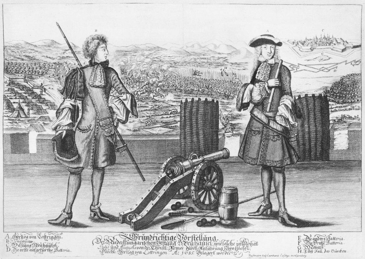 Charles V, duque de Lorraine e Bar, com um engenheiro, na batalha de Neuhausel contra os turcos em julho e agosto de 1685 de German School