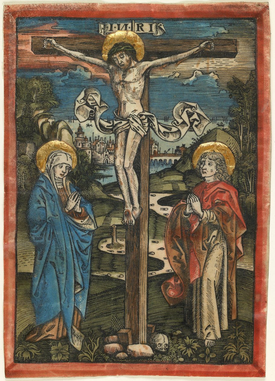 Cristo na cruz com Maria e São João, da Missale Defunctorum, c, 1499 (xilogravura colorida à mão sobre velino) de German School