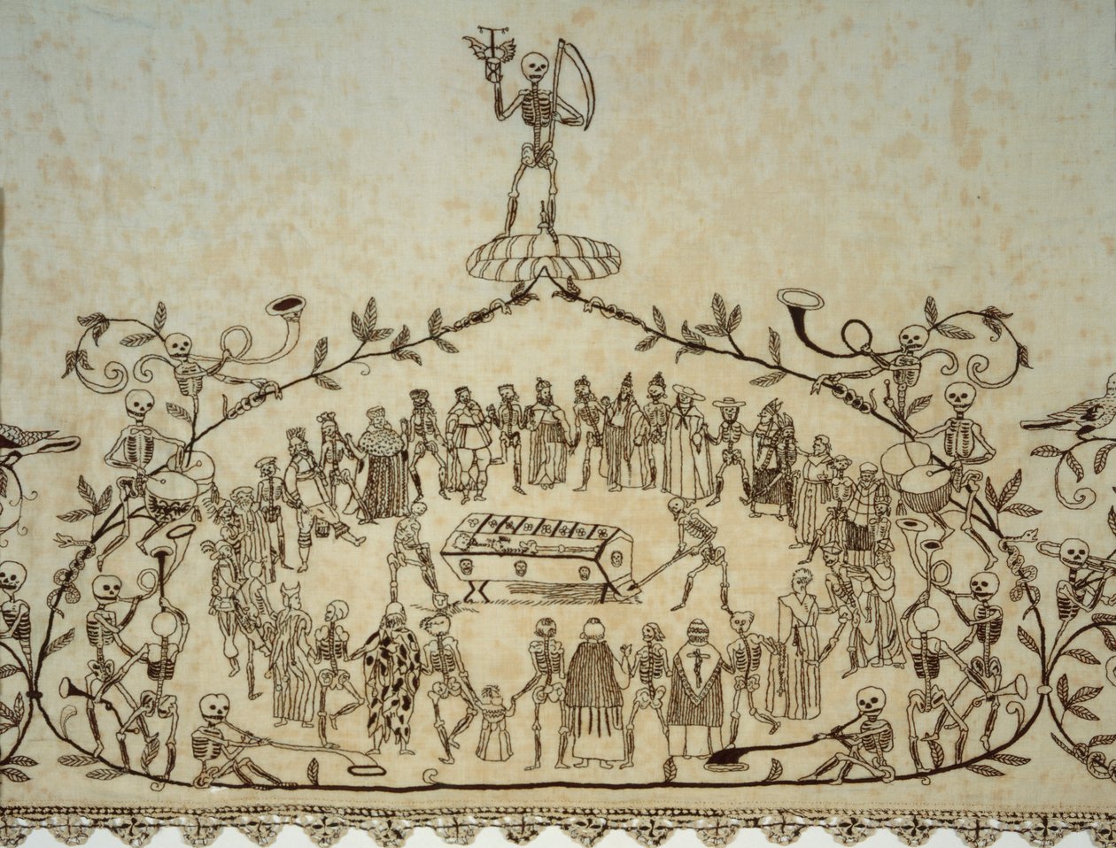 Detalhe do sudário Kassler Totentanztuch, 1635-37 (linho, seda e renda) de German School