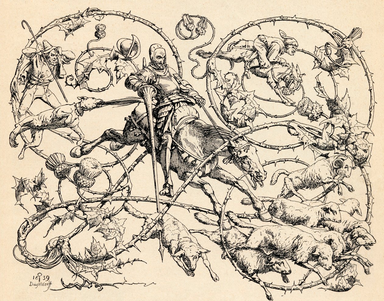 Dom Quixote lutando contra o rebanho de ovelhas, confundindo-os por dois exércitos, em 1839, do "The Garden Arbor Family Journal", publicado em 1905 de German School