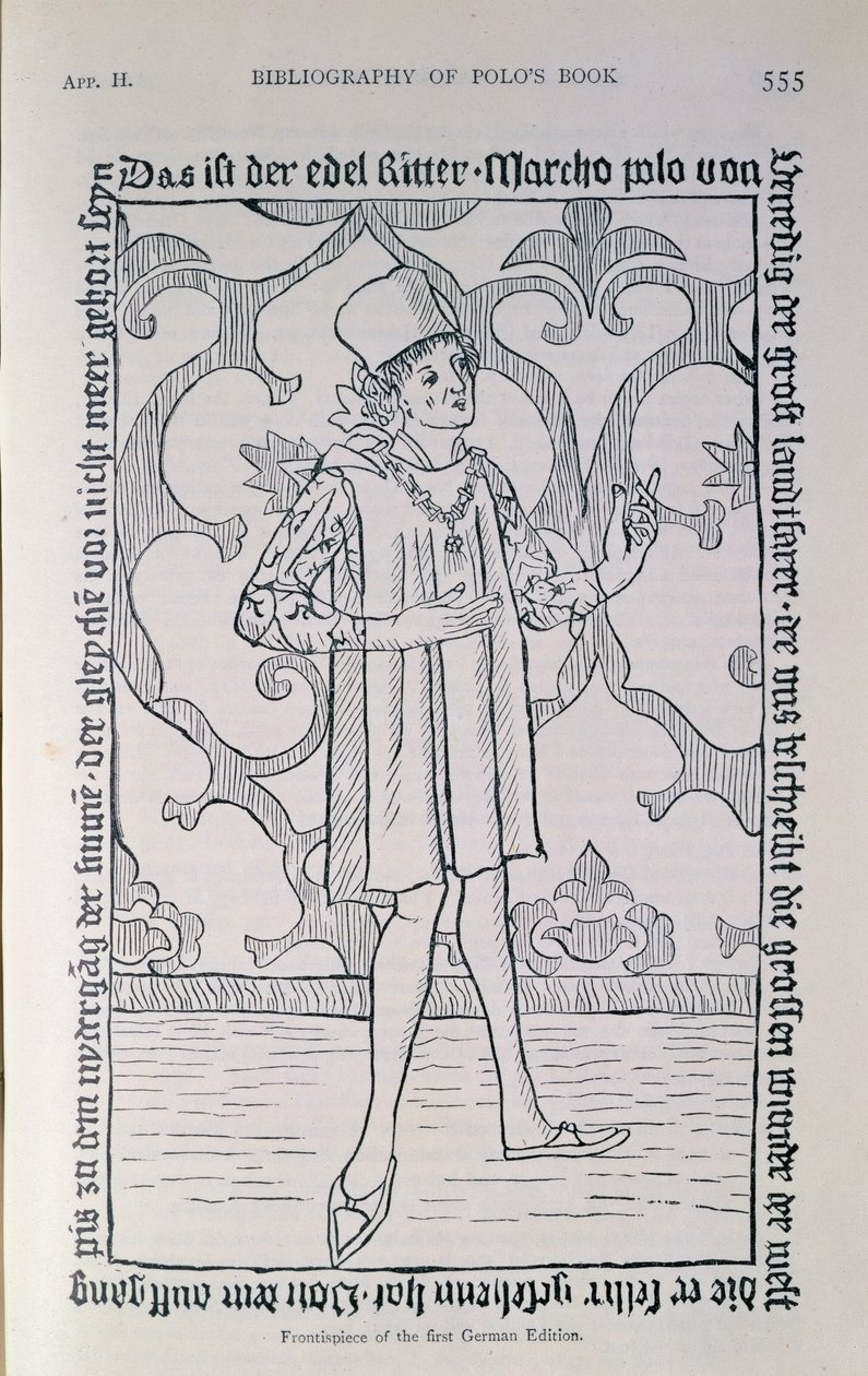 Fac-símile do frontispício da primeira edição alemã de &39;As viagens de Marco Polo&39;, Nuremberg, publicado em 1477 de German School