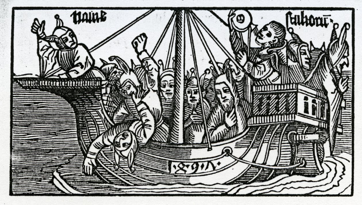 Frontispício da tradução para o inglês de &39;The Ship of Fools&39; de Sebastian Brandt, edição publicada em 1874 de German School