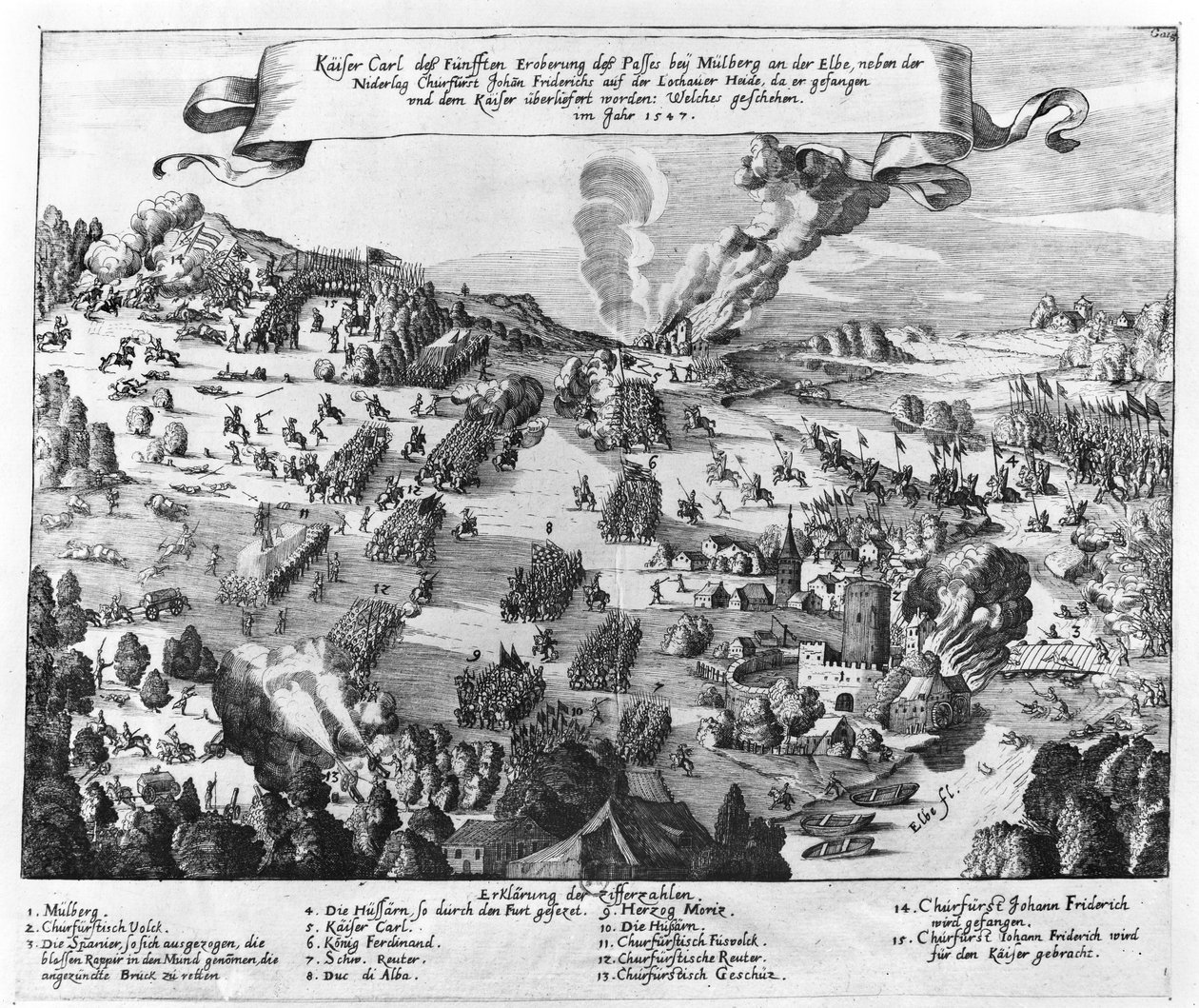 Visão geral da batalha de Muhlberg, 24 de abril de 1547 de German School