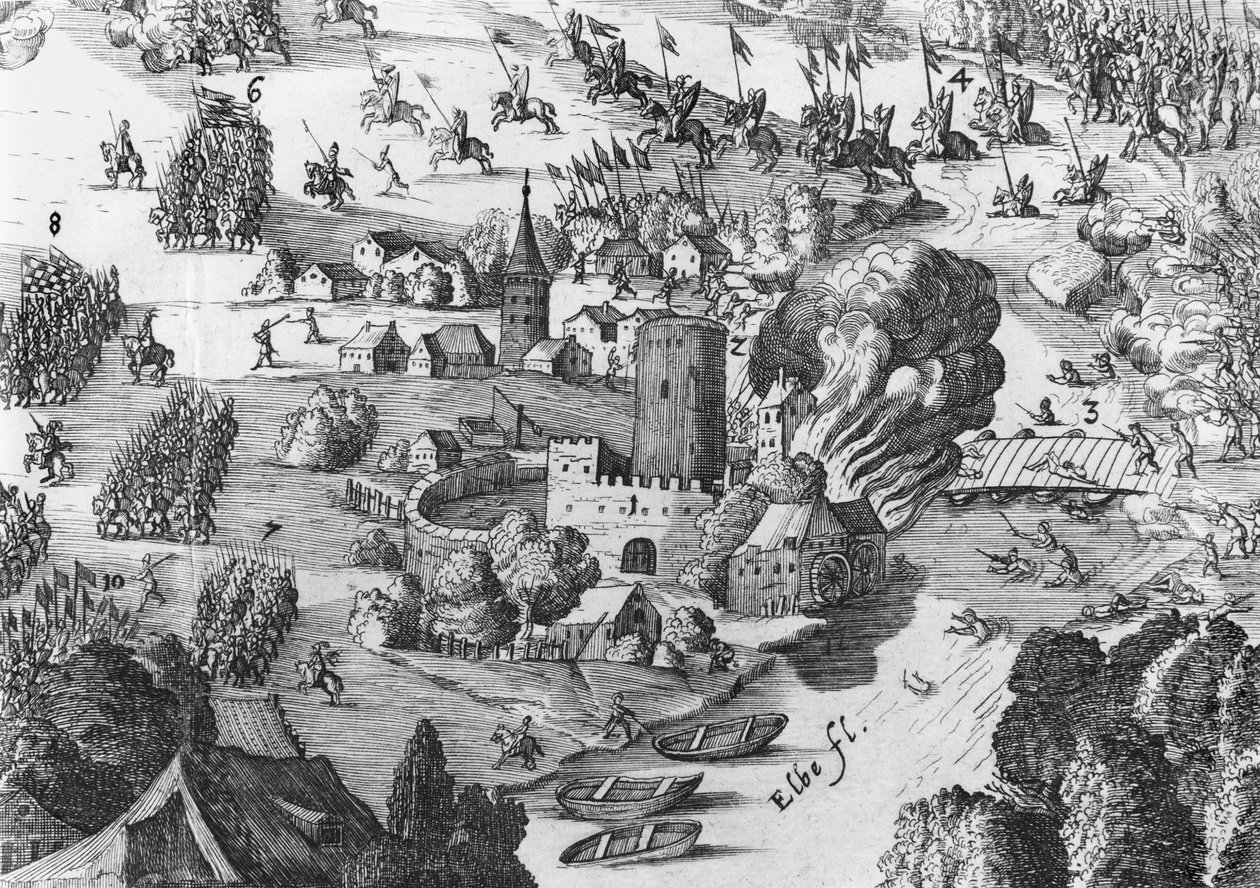 Visão geral da batalha de Muhlberg, detalhe, 24 de abril de 1547 (ver também 217805, 217806) de German School