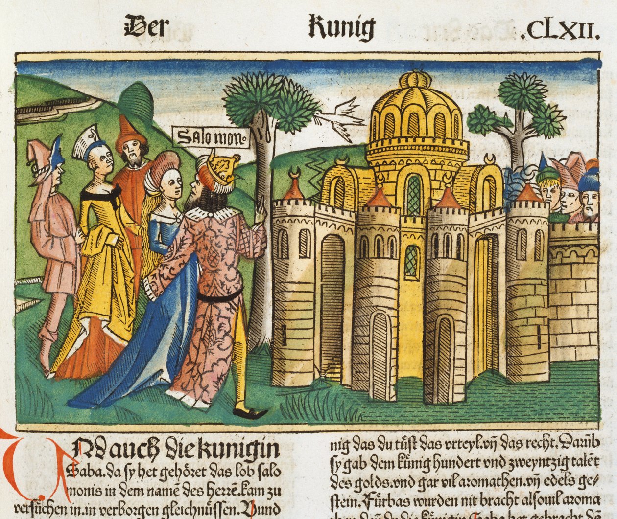 I Reis 10 1-13 Rainha de Sabá visita Salomão, da Bíblia de Nuremberg (Biblia Sacra Germanaica) (xilogravura colorida) de German School