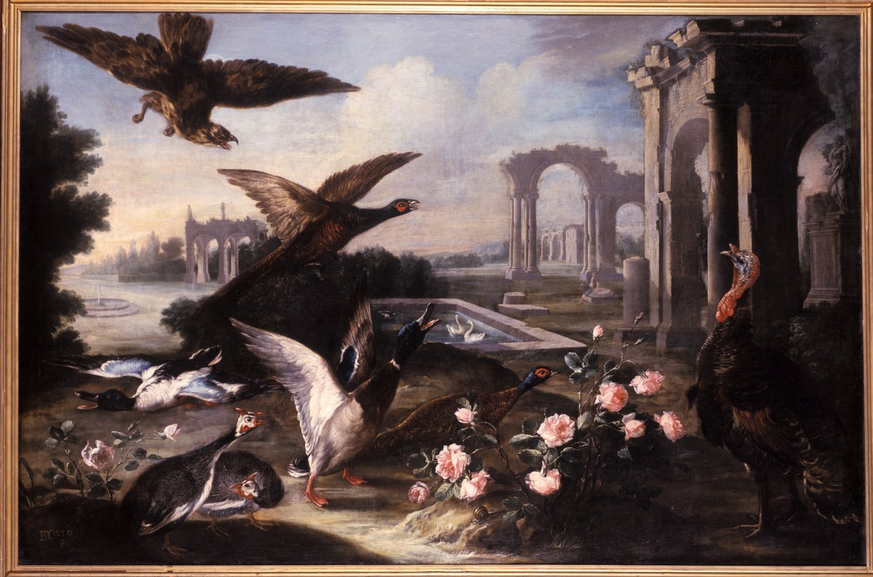 Paisagem Imaginery com ruínas, falcões, perus e patos de German School