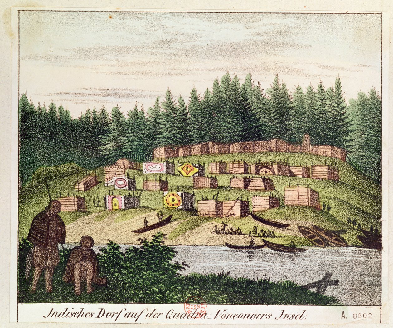 Acampamento indiano na Ilha Quadra, Ilhas de Vancouver (gravura a cores) de German School