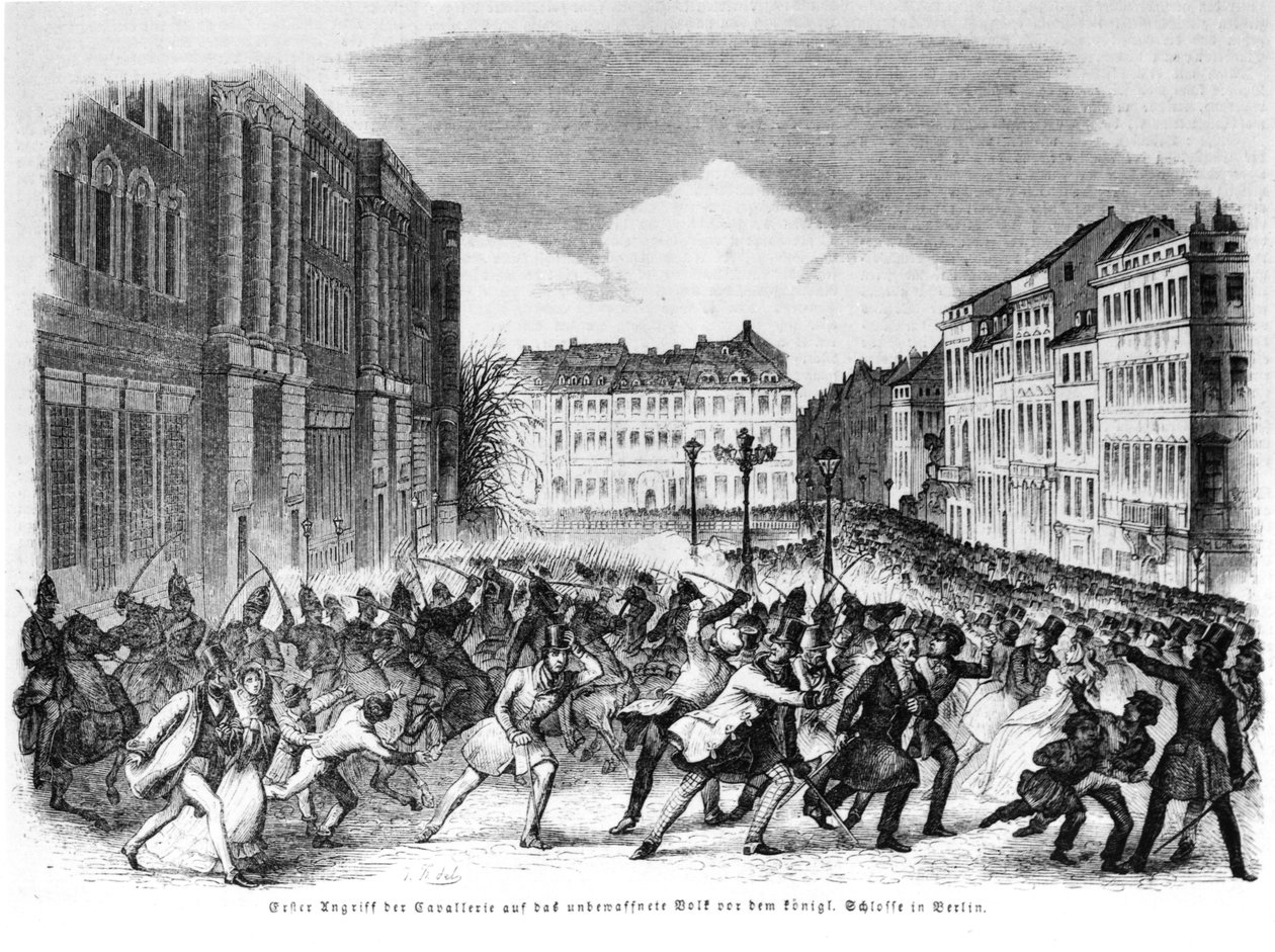 Insurreição em Berlim em abril de 1848, ilustração do &39;Illustrierte Zeitung&39; de German School