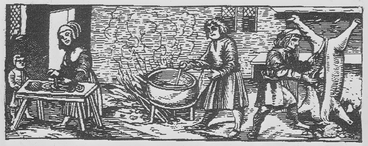 Interior de uma cozinha, de &39;Calendarium Romanum&39; por Jean Staeffler, impresso em Tubingen, Alemanha, 1518 de German School