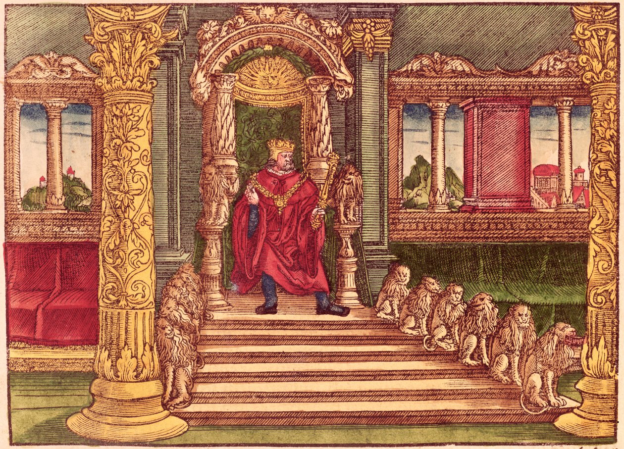Rei Salomão em seu trono, 1ª Edição, da Bíblia de Lutero, c.1530 (xilogravura colorida) de German School