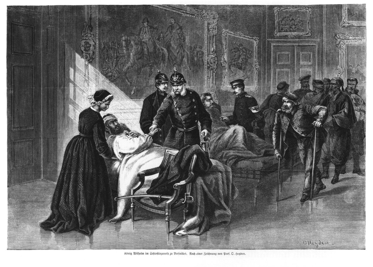 Rei Wilhelm I (1797-1888) visitando o hospital no Chateau de Versailles, ilustração do &39;Illustrierte Zeitung&39; de German School