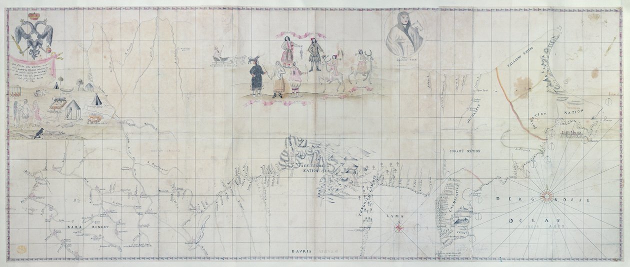 Mapa da Sibéria, 1729 (gravura colorida à mão) de German School