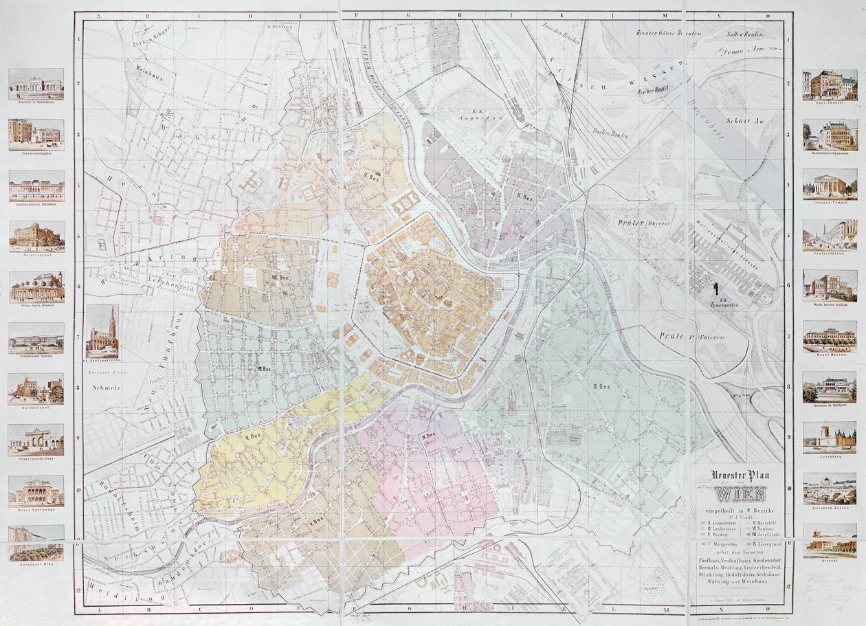 Mapa de Viena, publicado pela Klimsch und Co., Frankfurt, c.1860 de German School