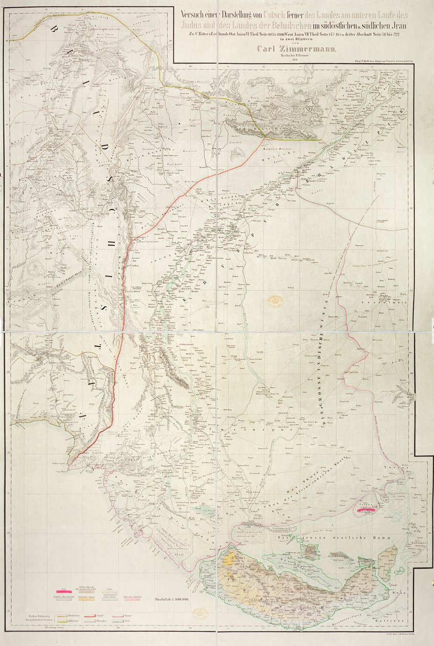 Mapa da região de Cutch da Índia e sua fronteira com o vizinho Baluchistão, por Carl Zimmerman, 1851 de German School