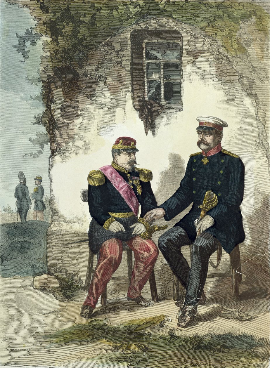 Encontro entre Otto von Bismarck (1815-1898) e Napoleão III (1808-1873) em Donchery, em 2 de setembro de 1870 de German School