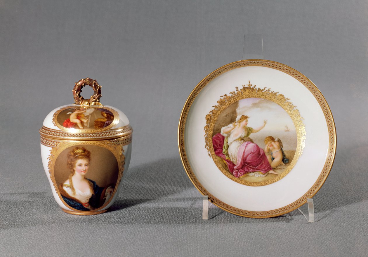 Meissen copo, tampa e pires, pintado por Angelica Kauffmann (1741-1807) (porcelana) de German School