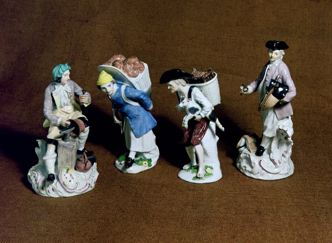 Figuras de Meissen: seleiro, vendedor de cabras e funileiro, modelado por Johann Joachim Kandler (1706-75) e um padeiro de Peter Reinicke (1715-68), c.1750 (porcelana) de German School