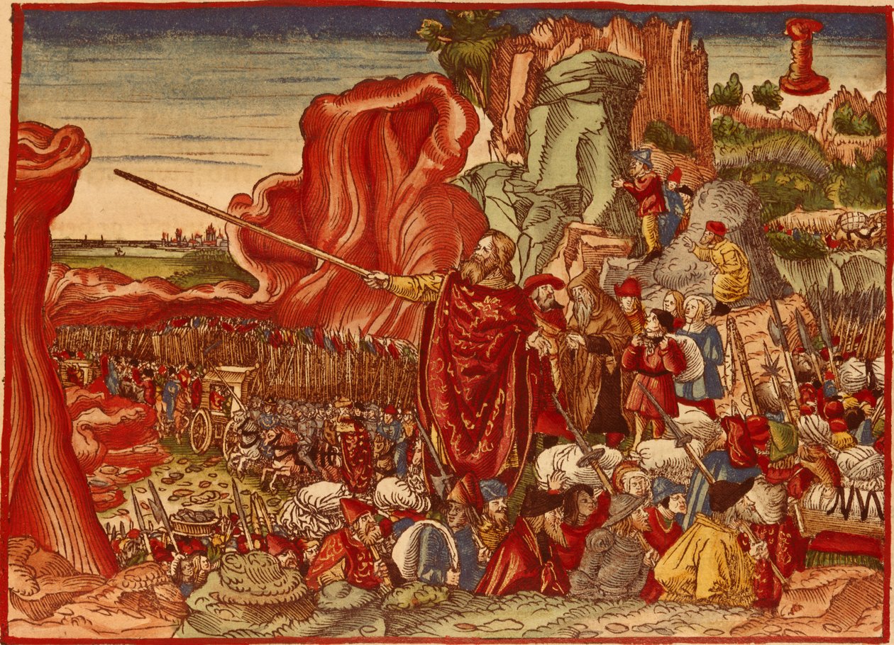 Moisés separando o Mar Vermelho, imagem da Bíblia de Lutero (impressão colorida à mão) de German School