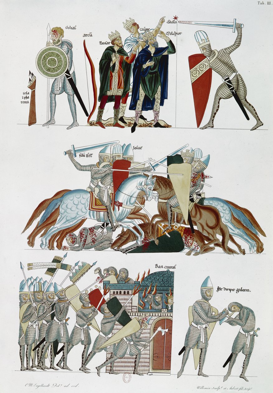 Ms. Facs 227 pl.3 Os Magos, a Batalha de Josué e o Cerco de Dan, de Hortus Deliciarum por Herrade de Landsberg, cópia fac-símile de um manuscrito do século XII (caneta e tinta e wc no papel) de German School