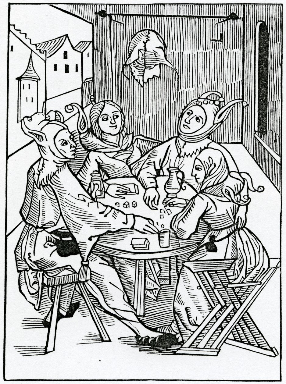 Dos jogadores de carde e disers, ilustração da tradução inglesa de Alexander Barclay de &39;The Ship of Fools&39;, de uma edição publicada em 1874 de German School