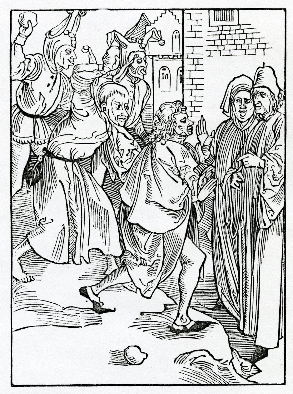 De escarnecedores, escarnecedores e falsos acusadores, ilustração da tradução inglesa de Alexander Barclay de "O Barco dos Loucos", de uma edição publicada em 1874 de German School