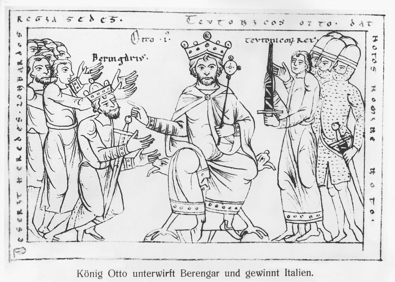 Otto I (912-73) Submetendo-se a Berenger II (900-66) e o Triunfo de Itália, de &39;Chronique Othonique&39; (fac-símile) de German School
